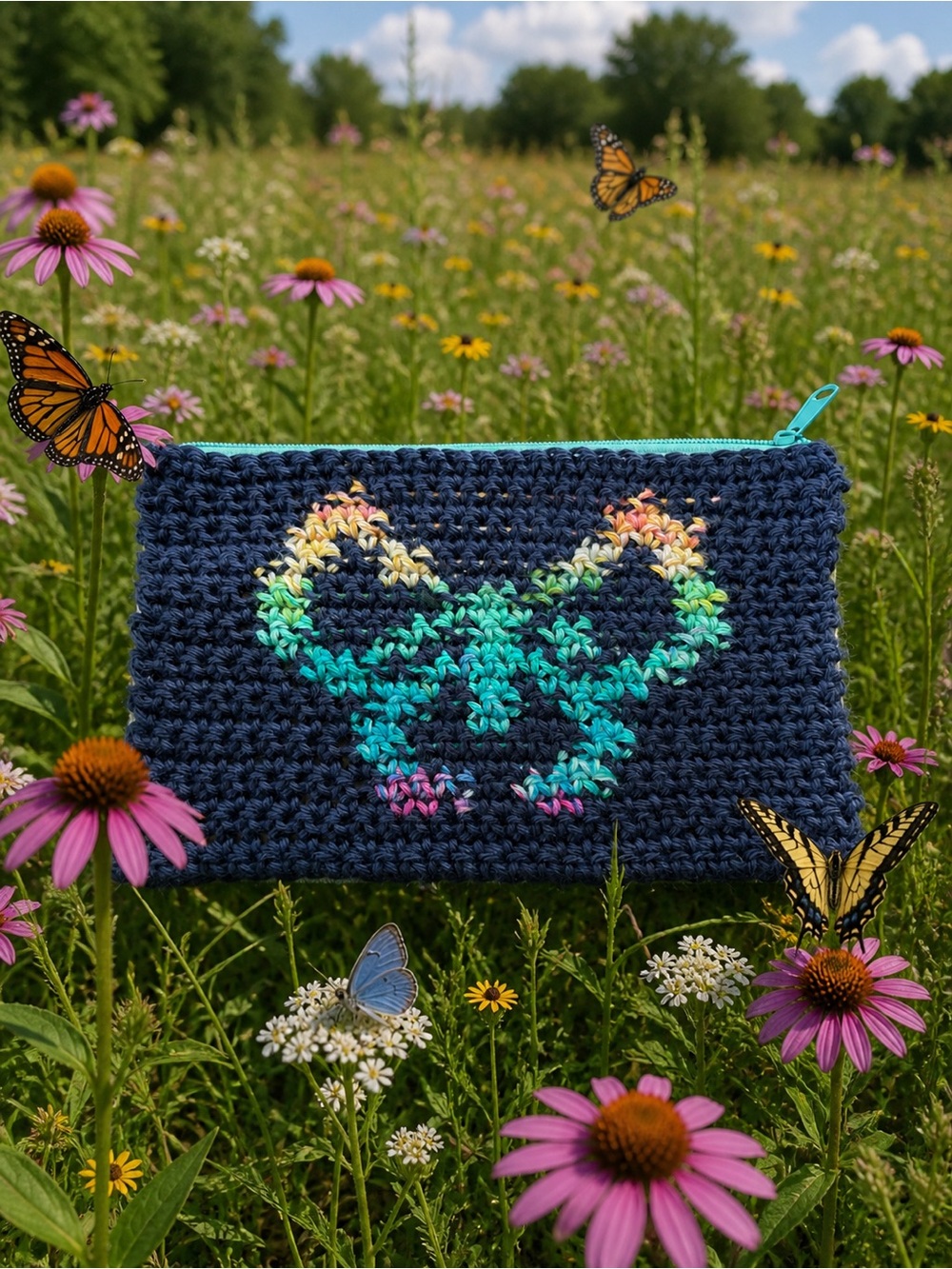 Handmade Navy Crochet Zipper Pouch with Rainbow Butterfly